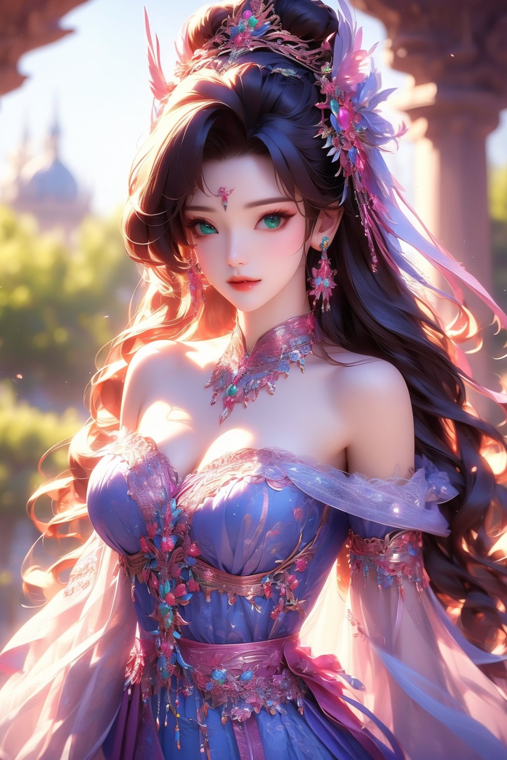 busty and sexy girl, 8k, masterpiece, ultra-realistic, best quality, high resolution, high definition, 1girl, solo, long hair, breasts, looking at viewer, black hair, hair ornament, dress, cleavage, bare shoulders, jewelry, medium breasts, closed mouth, upper body, earrings, necklace, off shoulder, hair bun, blurry, bracelet, blurry background, green dress