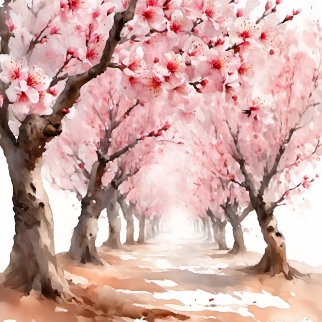 waterpaint forest of peach blossom trees in pure white background.