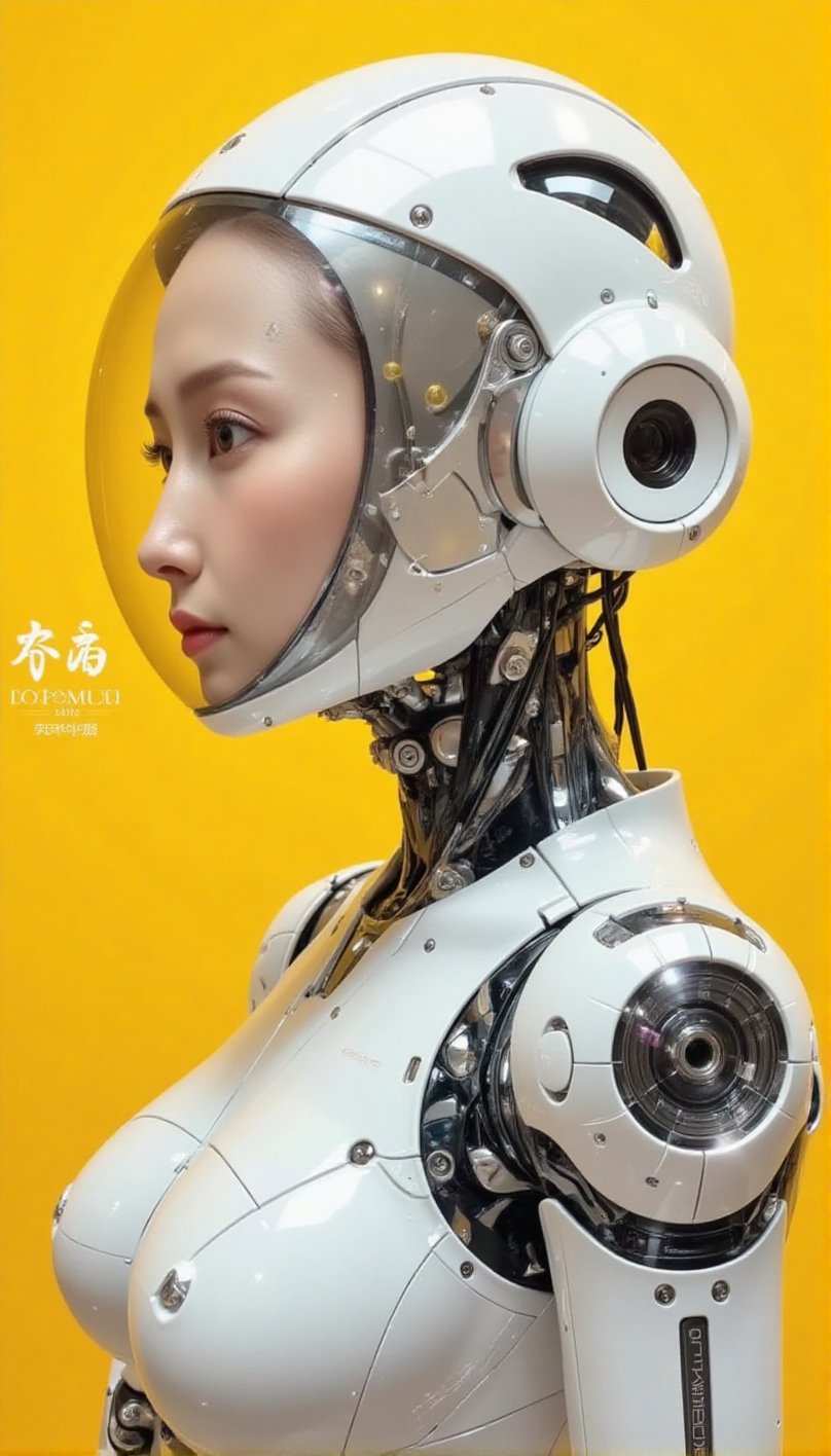 The image is a cowboy shot of a highly detailed,  anthropomorphic robot's head and upper torso. The robot is predominantly...