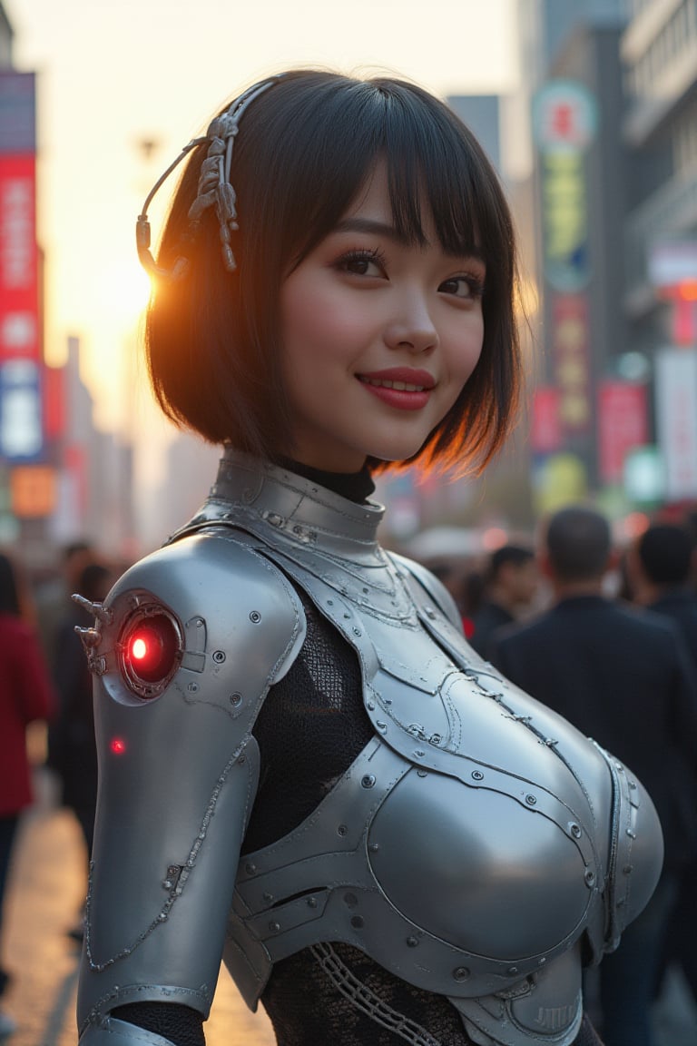 : A futuristic Asian cyborg woman, sans body, connected by a twisted cable and wire harness, gazing charmingly through LED-illuminated eyes. She sports a silver motor armor, ray gun at the ready, with an 80-degree field of view., she dons a Lvdress-inspired Japan Hime-cut style, blending European girl charm with robotic precision. Amidst a bustling Osaka Castle backdrop, where people mingle in the fading light of sunset, this super cool cyborg's hand crackles with immense fireball power. The image boasts ultimate detail, incredible texture, and a masterpiece level of realism, rendered at an astonishing 8k resolution for unparalleled clarity. (Her hand crackles with huge fireball power,)