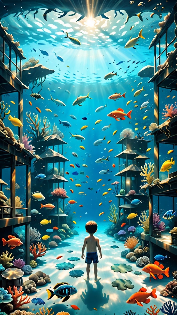 An beautiful room full of water and a boy swimming with a variety fishes,crab, turtle, eel, shrimp, fish,