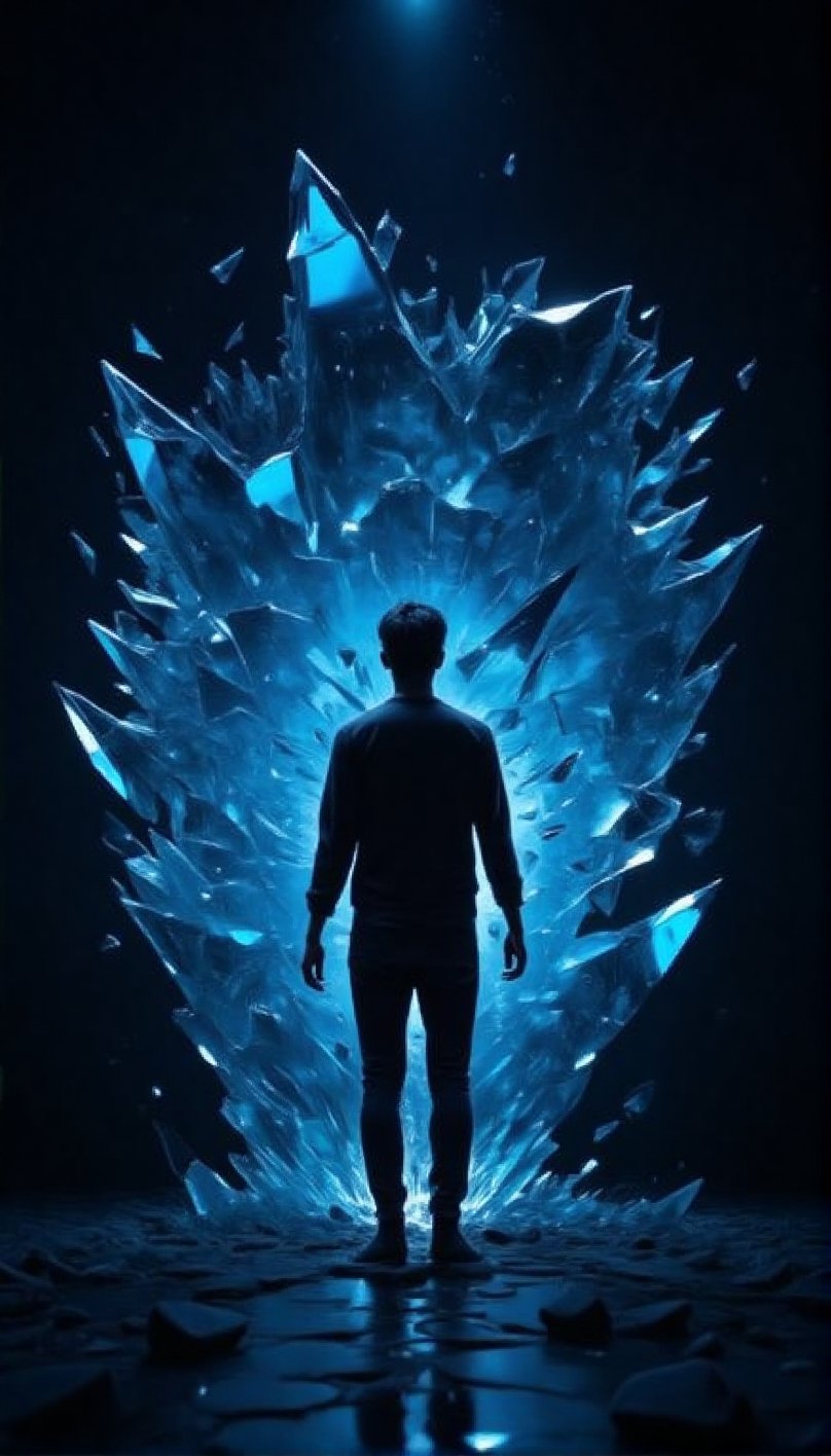 A solitary figure stands at the edge of a jagged glass shard's reflection pool,  his own luminescence casting an eerie glo...