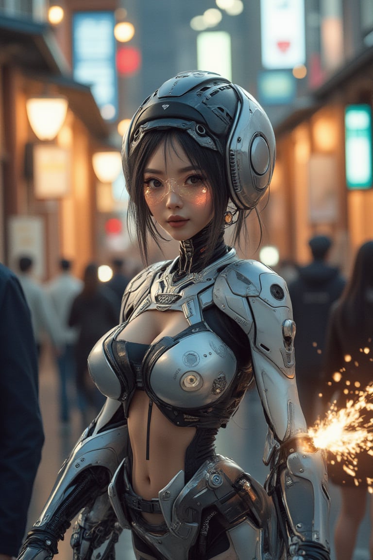 : A futuristic Asian cyborg woman, sans body, connected by a twisted cable and wire harness, gazing charmingly through LED-illuminated eyes. She sports a silver motor head, ray gun at the ready, with an 80-degree field of view., she dons a Lvdress-inspired Japan Hime-cut style, blending European girl charm with robotic precision. Amidst a bustling Osaka Castle backdrop, where people mingle in the fading light of sunset, this super cool cyborg's hand crackles with immense fireball power. The image boasts ultimate detail, incredible texture, and a masterpiece level of realism, rendered at an astonishing 8k resolution for unparalleled clarity. (Her hand crackles with huge fireball power,)