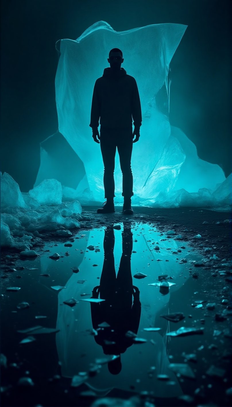 A solitary figure stands at the edge of a jagged glass shard's reflection pool,  his own luminescence casting an eerie glo...