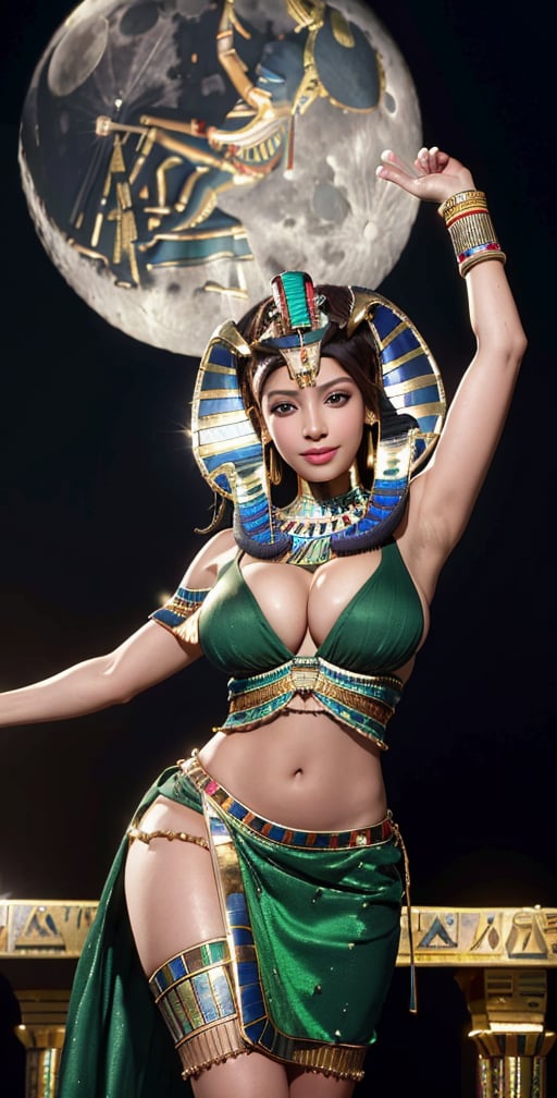 Upper body, (masterpiece, best quality), 1girl, Dynamic pose:0.8,solo, look at viewer,bob cut hair, straight hair, skirt, ((brown hair)), green eyes, dress, cleavage, bare shoulders, jewelry, choker, (((dark skin))), necklace, off shoulder, (((dark-skinned female))), neck ring, (((egyptian))), (((egyptian clothes))), (((night,moon))),blurry background, smile,looking_at_viewer,(oil shiny skin:0.8), (big_boobs), willowy, chiseled, (hunky:1.8),(perfect anatomy, prefect hand,), 9 head body lenth, dynamic sexy pose, (artistic pose of awoman),from_front