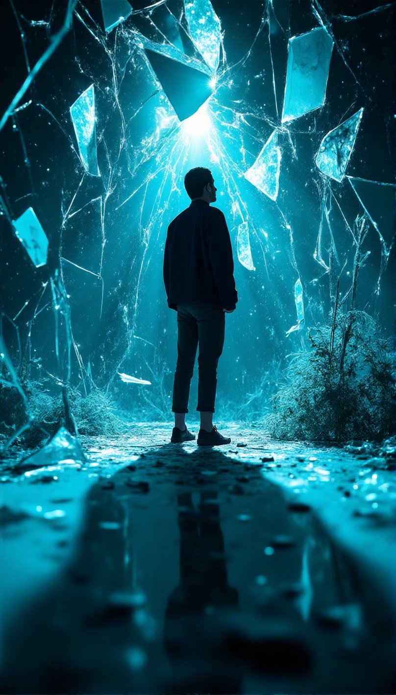A figure stands amidst shattered glass,  its fragmented edges refracting his silhouette,  casting a mirrored image with sh...