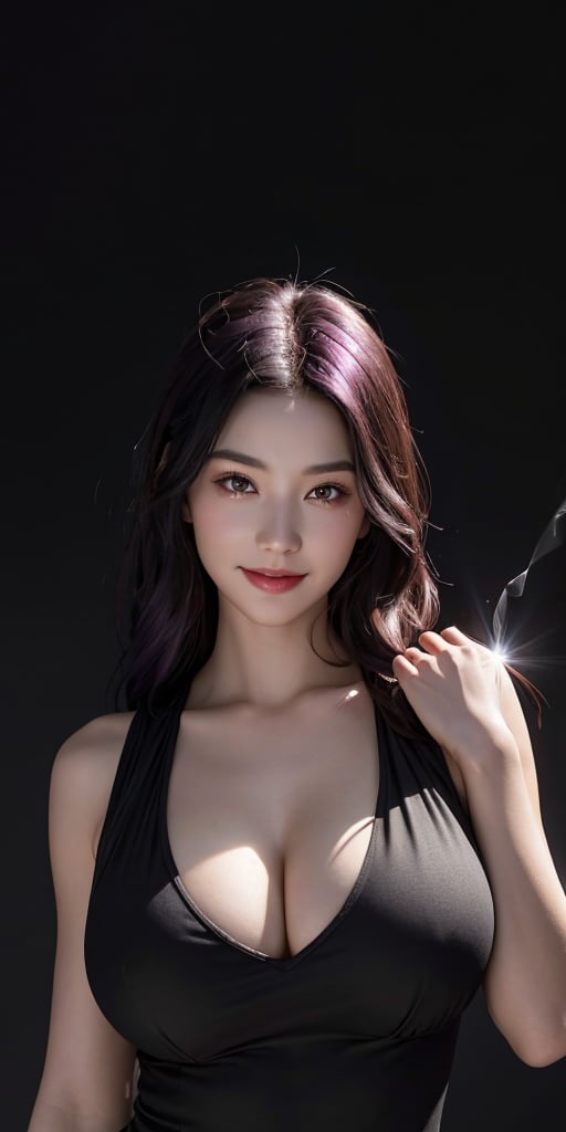 Upper body ,1girl ,beautiful 28 yo girl,dark purple hair,long hair,straight_hair,((Best quality, 8k, 32k, masterpiece,RAW photo, (realistic, photo-realistic:1.3),best quality,highly detailed,masterpiece,ultra-detailed)) a 1girl, standing, spell casting, , (gold headphone:1.0), black short hair, floating_hair, shaded face, black sundress, bare arms, ((black Fog comes out of my hands, Inky black magic mist effects, black magic aura)), gray background,, 
 ,blurry background,smile,,(oil shiny skin:1.2), ((big_boobs)),sunny,claiming,willowy, chiseled, (hunky:1.6),(perfect anatomy, prefect hand,), 9 head body lenth, dynamic sexy pose, (artistic pose of awoman),(upper body,from_pov:1.3),