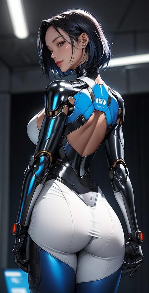 upper body,1girl , beautiful 28 yo , blue hair, sweaty,short hair,straight hair,colorful and vibrant. high quality, long hair, ((a futuristic woman with long dark hair, wearing a sleek, silver bodysuit and advanced mechanical armor, holding a high-tech weapon. The setting is a bright, minimalist environment with a sci-fi aesthetic. The woman's pose is dynamic, showcasing her power and the intricate design of her cybernetic enhancements.)),,
 ,blurry backgrounds,
smile,close mouth,looking_at_viewer,(oil shiny skin:1.2), (big_boobs:1.2), willowy, chiseled, (hunky:1.4),(perfect anatomy, prefect hand,), 9 head body lenth, dynamic sexy pose, (artistic pose of awoman),(from_back:1.3)