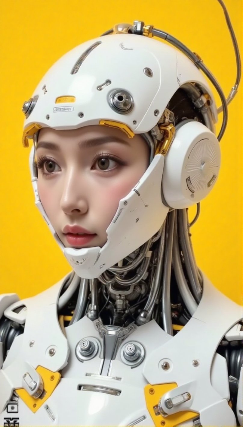 The image is a cowboy shot of a highly detailed,  anthropomorphic robot's head and upper torso. The robot is predominantly...