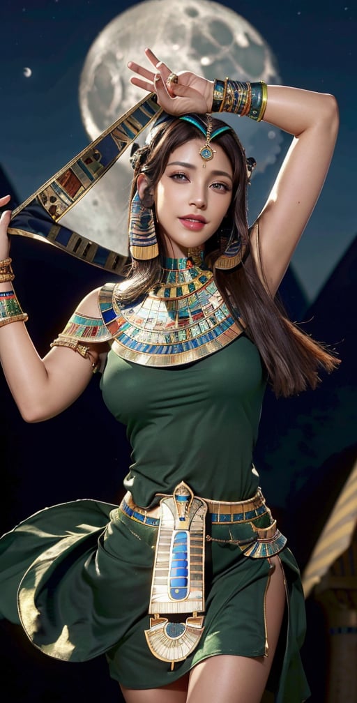 Upper body, (masterpiece, best quality), 1girl, Dynamic pose:0.8,solo, look at viewer,bob cut hair, straight hair, skirt, ((brown hair)), green eyes, dress, cleavage, jewelry, choker, (((dark skin))), necklace, off shoulder, ((dark-skinned female)), neck ring, (((egyptian))), (((egyptian clothes))), (((night,moon))),blurry background, smile,looking_at_viewer,(oil shiny skin:0.8), (big_boobs), willowy, chiseled, (hunky:1.8),(perfect anatomy, prefect hand,), 9 head body lenth, dynamic sexy pose, (artistic pose of awoman),from_above