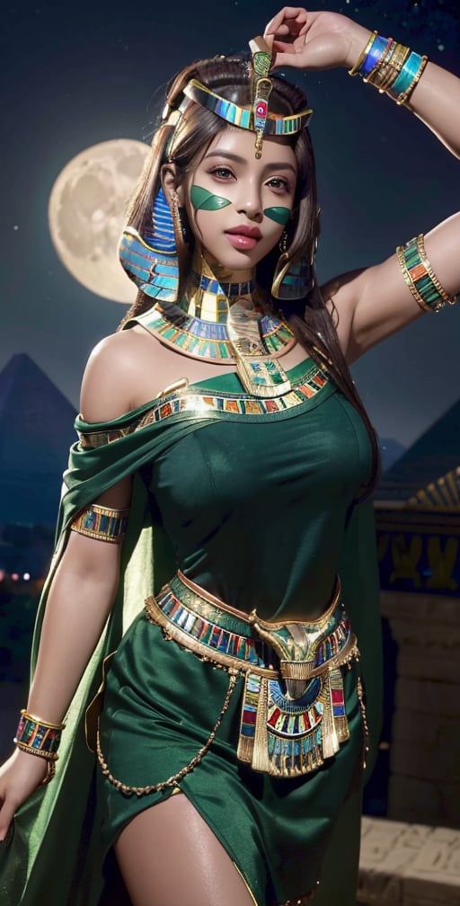 Upper body, (masterpiece, best quality), 1girl, Dynamic pose:0.8,solo, look at viewer,bob cut hair, straight hair, skirt, ((brown hair)), green eyes, dress, cleavage, jewelry, choker, (((dark skin))), necklace, off shoulder, ((dark-skinned female)), neck ring, (((egyptian))), (((egyptian clothes))), (((night,moon))),blurry background, smile,looking_at_viewer,(oil shiny skin:0.8), (big_boobs), willowy, chiseled, (hunky:1.8),(perfect anatomy, prefect hand,), 9 head body lenth, dynamic sexy pose, (artistic pose of awoman),from_above