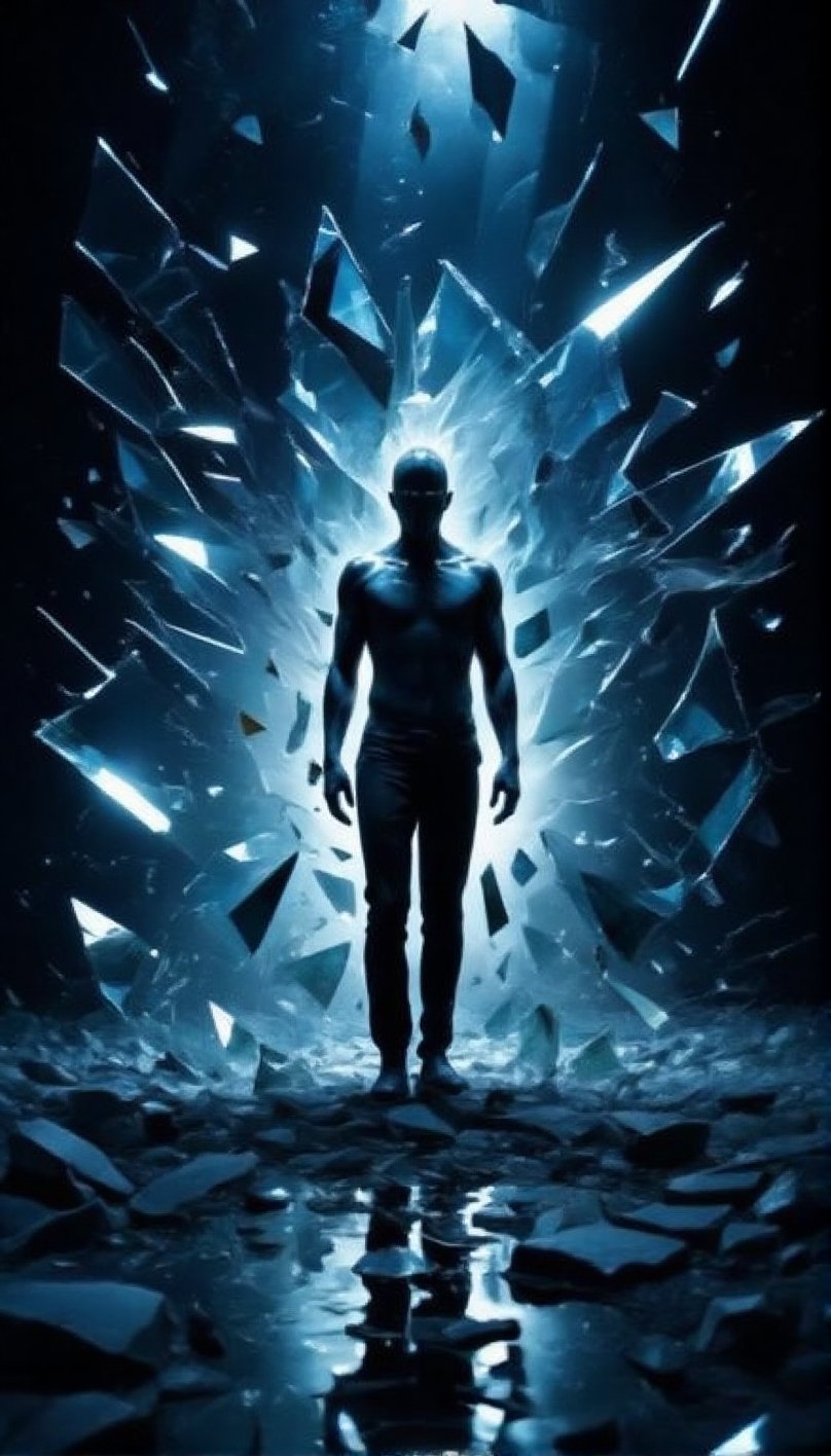 A solitary figure stands at the edge of a jagged glass shard's reflection pool,  his own luminescence casting an eerie glo...