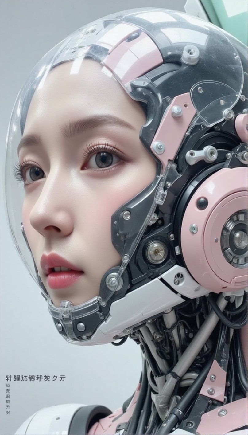 The image is a close-up shot of a highly detailed,  anthropomorphic robot's head and upper torso. The robot is predominant...