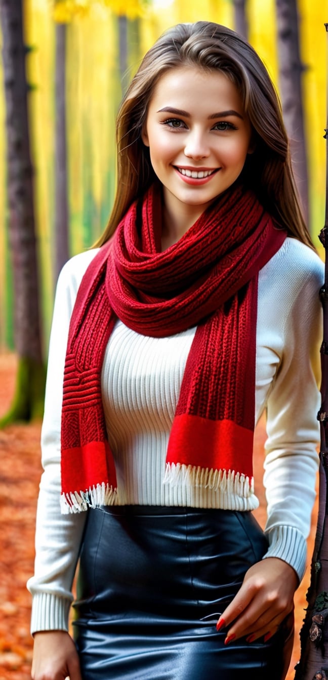 Medium shot, 20 yo, 1 girl,russia girl standing in a forest , a close up of a person wearing a scarf and red sweater tops , a picture, realism, fashion model, white skin color,
,, symmetric and beautiful face, with sexy face, girl with brown hair,
, smile,, (oil shiny skin:1.0), (big_boobs:1.5), willowy, chiseled,random sexy poses,(hunky:2.5),(( body rotation 90 degree)), (perfect anatomy, prefecthand, dress, long fingers, 4 fingers, 1 thumb), 9 head body lenth, dynamic sexy pose, breast apart, (artistic pose of awoman),