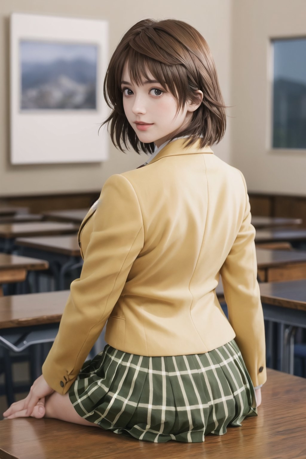 masterpiece, best quality, highres, aariko, short hair, brown eyes, school uniform, blue bowtie, blazer, yellow jacket, long sleeves, plaid skirt, green skirt, , field, wariza, sitting,aariko, (perfect hands, perfect anatomy), ( shiny oil skin:0.9), curved body, dynamic sexy pose, sexy body, (big breast:0.9), 9 head length body, (looking at viewer:1.5), cowboy_shot, from_behind 