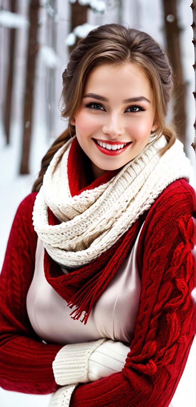 Medium shot, 20 yo, 1 girl,russia girl standing in a snow forest , a close up of a person wearing a scarf and red sweater muff , a picture, realism, fashion model, white skin color,
,, symmetric and beautiful face, with sexy face, girl with brown hair, fluffy''
, smile,, (oil shiny skin:1.0), (big_boobs:1.5), willowy, chiseled,random sexy poses,(hunky:2.5),(( body rotation 90 degree)), (perfect anatomy, prefecthand, dress, long fingers, 4 fingers, 1 thumb), 9 head body lenth, dynamic sexy pose, breast apart, (artistic pose of awoman),