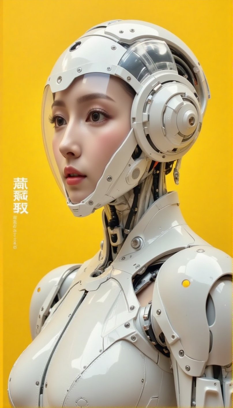 The image is a cowboy shot of a highly detailed,  anthropomorphic robot's head and upper torso. The robot is predominantly...