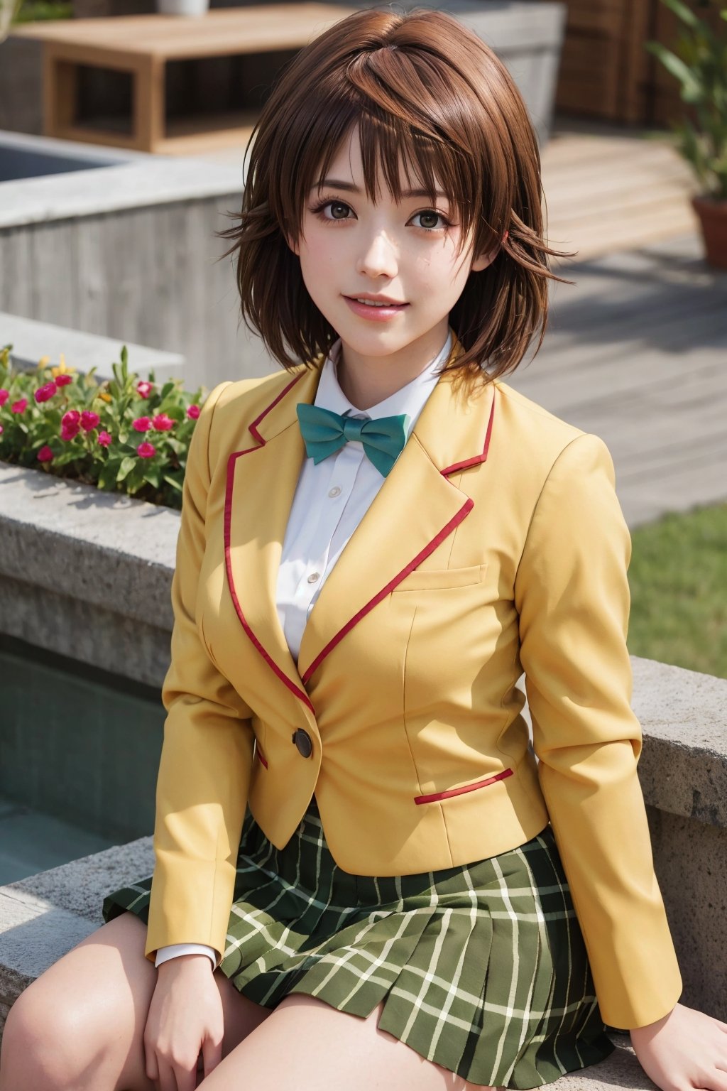 masterpiece, best quality, highres, aariko, short hair, brown eyes, school uniform, blue bowtie, blazer, yellow jacket, long sleeves, plaid skirt, green skirt, , field, wariza, sitting,aariko, (perfect hands, perfect anatomy), ( shiny oil skin:0.9), curved body, dynamic sexy pose, sexy body, (big breast:0.9), 9 head length body, (looking at viewer:1.5), cowboy_shot, from_above