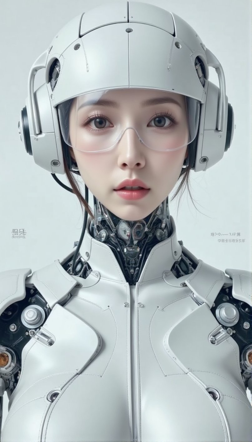 The image is a cowboy shot of a highly detailed,  anthropomorphic robot's head and upper torso. The robot is predominantly...