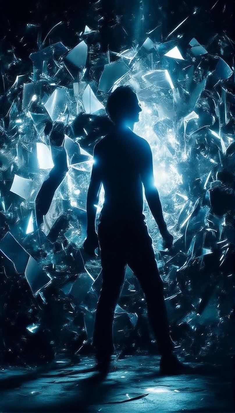 A figure stands amidst shattered glass,  its fragmented edges refracting his silhouette,  casting a mirrored image with sh...