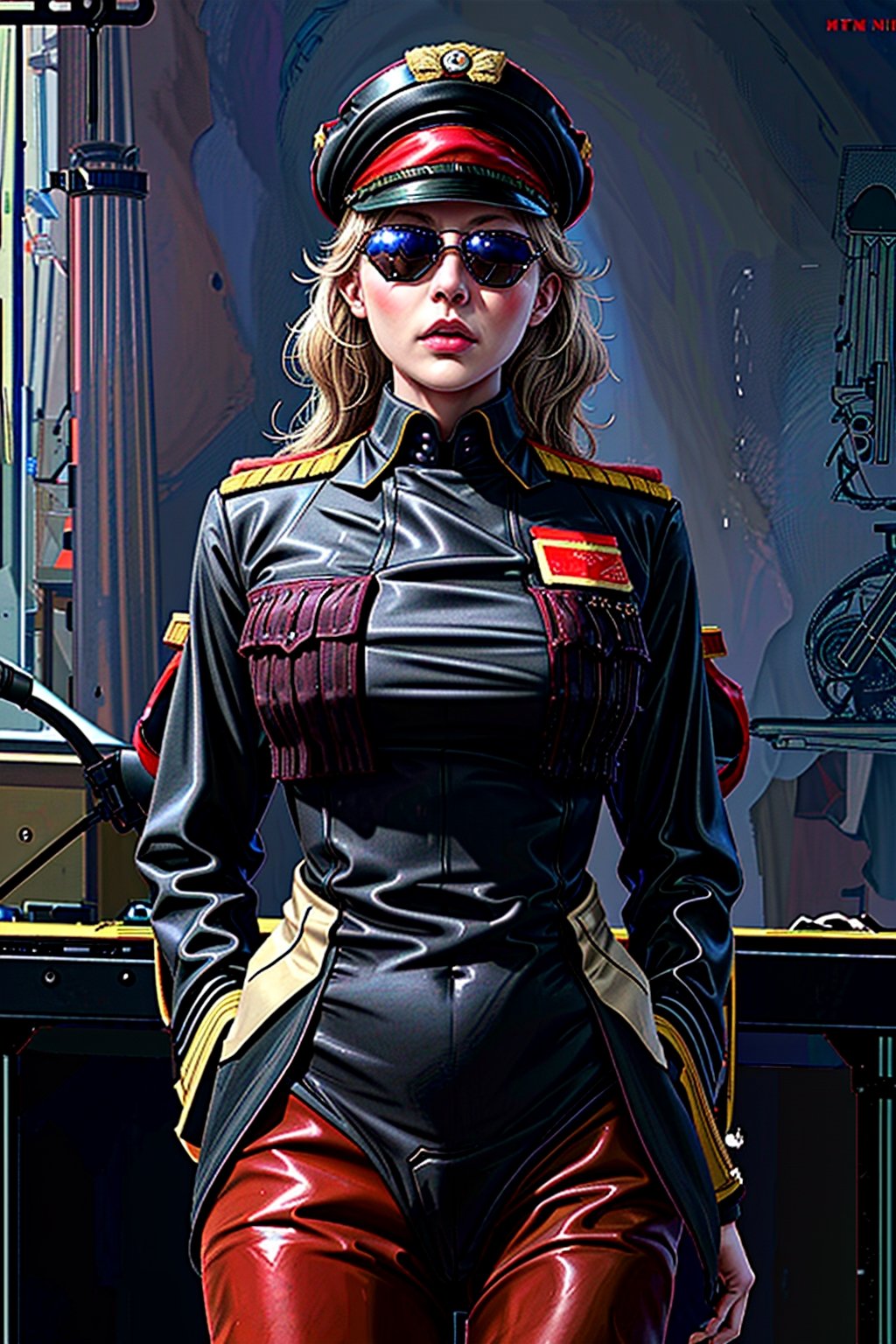 (dominoop:1.2), (sexy girl, blonde_hair,long hair,sun glasses, uniform, hat), portrait, epic realistic, 8k, best quality, real picture, intricate details, ultra-detailed, ultra highres, depth field,(photorealistic,realistic:1.2),masterpiece, , 1 girl, portrait of beautifull, solo, bare_arms, v-shaped_eyebrows, closed_mouth, serious, frown, sky, fighting_stance, volumetric lighting, best quality, masterpiece, intricate details , tonemapping, faded, (neutral colors:1.2), (hdr:1.4), (muted colors:1.2), hyperdetailed, (artstation:1.4), cinematic, warm lights, dramatic light, (intricate details:1.1), complex background , (rutkowski:0.66), fishnet,(teal and orange:0.4),Domino, (shiny oil skin:1.1), (dynamic pose:1.5), dynamic view,dynamic pose, warship, ocean, bow, sun, cloud_scape,Unique Masterpiece, perfect anatomy,imperial elder sister, (Military uniform: 1.8) , warlord coat,Canvas material,redcoat,cptMarvel