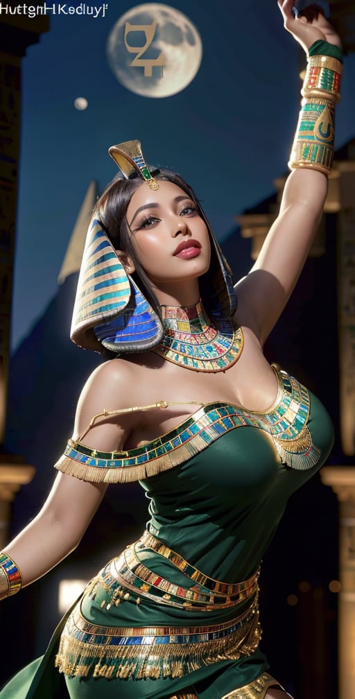 Upper body, (masterpiece, best quality), 1girl, Dynamic pose:0.8,solo, look at viewer,bob cut hair, straight hair, skirt, ((brown hair)), green eyes, dress, cleavage, jewelry, choker, (((dark skin))), necklace, off shoulder, ((dark-skinned female)), neck ring, (((egyptian))), (((egyptian clothes))), (((night,moon))),blurry background, smile,looking_at_viewer,(oil shiny skin:0.8), (big_boobs), willowy, chiseled, (hunky:1.8),(perfect anatomy, prefect hand,), 9 head body lenth, dynamic sexy pose, (artistic pose of awoman),from_behind