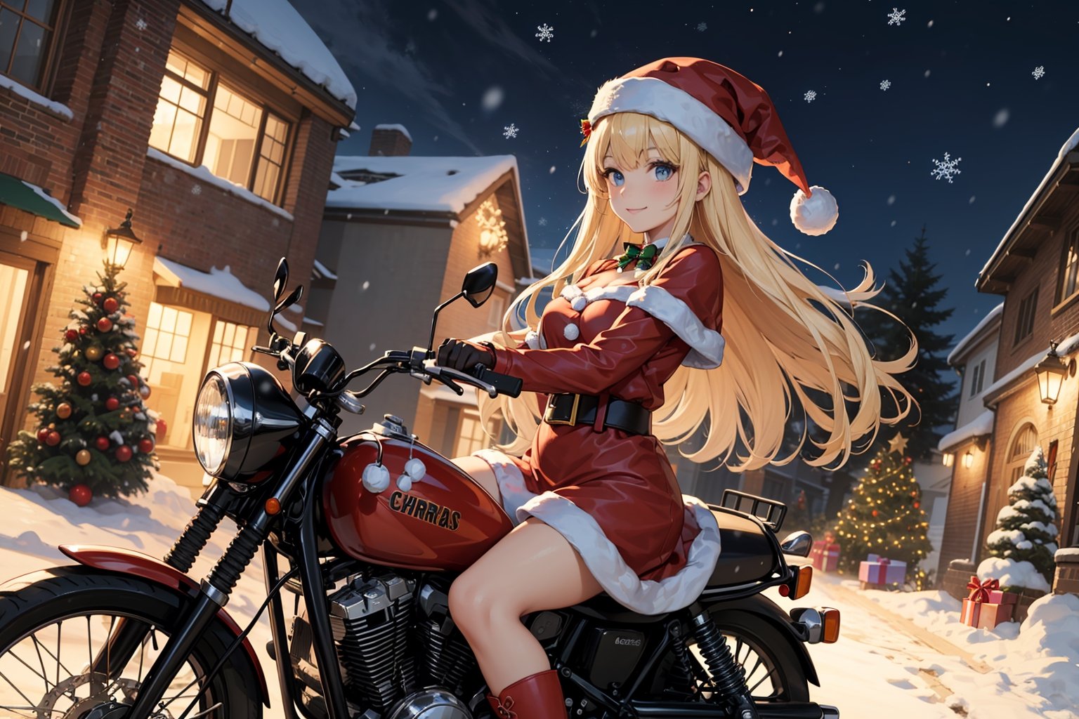 (absurdres, highres, ultra detailed, high resolution:1.1), 1girl, solo, kawaii, smile, medium breasts, blonde hair, long hair, blue eyes, santa, red beret, red bow ribbon, red gloves, red dress, red boots, santa girl costume, christmas, holy night, christmas decorations, christmas night, snow falling, snowy scene, ((santa girl riding a motorcycle to hand out christmas presents)), nice hands, perfect hands,