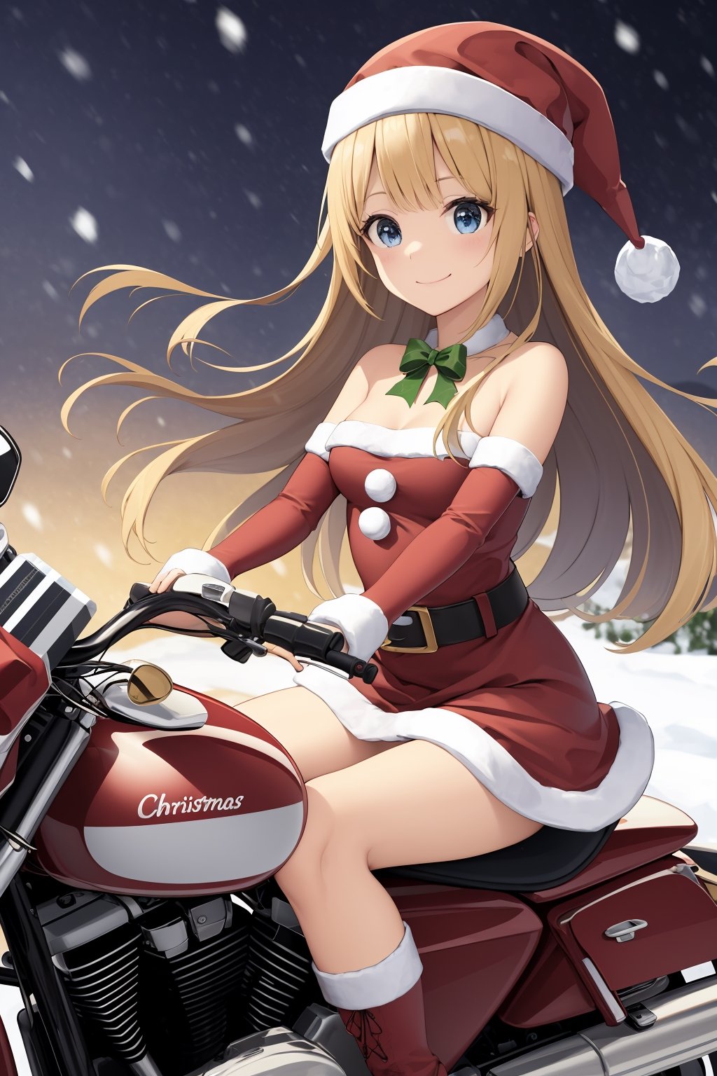 (absurdres, highres, ultra detailed, high resolution:1.1), 1girl, solo, kawaii, smile, medium breasts, blonde hair, long hair, blue eyes, santa, red beret, red bow ribbon, red gloves, red dress, red boots, santa girl costume, christmas, holy night, christmas decorations, christmas night, snow falling, snowy scene, ((santa girl riding a motorcycle to hand out christmas presents)), nice hands, perfect hands,