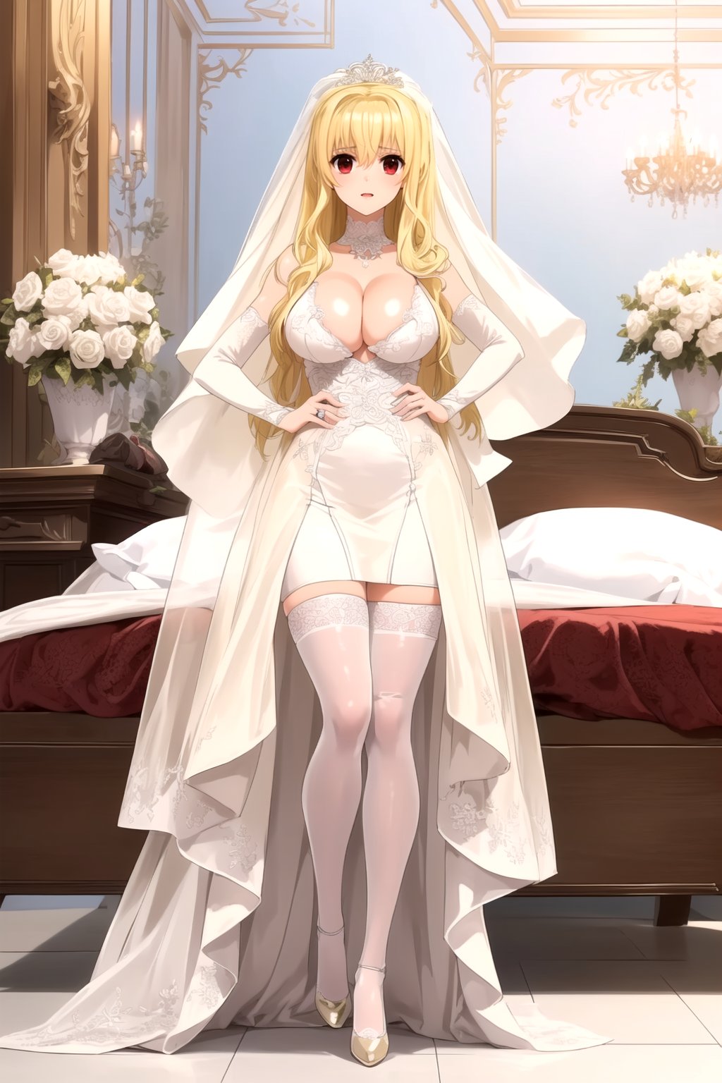 tachi-e , (full-body_portrait:1.5),Stand by the bed , the mature woman, she is a bride, (she wears a white wedding dress),(she wears a white veil on her head), (she wears the white bridal gauntlets) , (She wears the white stockings) , (she wears white high heels), long hair, red eyeshadow, long eyelashes, highly detailed, highres, (perfect face:1.3), (detailed face:1.3), (detailed eyes:1.3),(detailed mouth:1.3), (perfect hands:1.05), (perfect fingers:1.05), (big boobs:1.4), shy ,(red eyes:1.5),(blonde:2),(Fate Testarossa Harlaown:1.2)