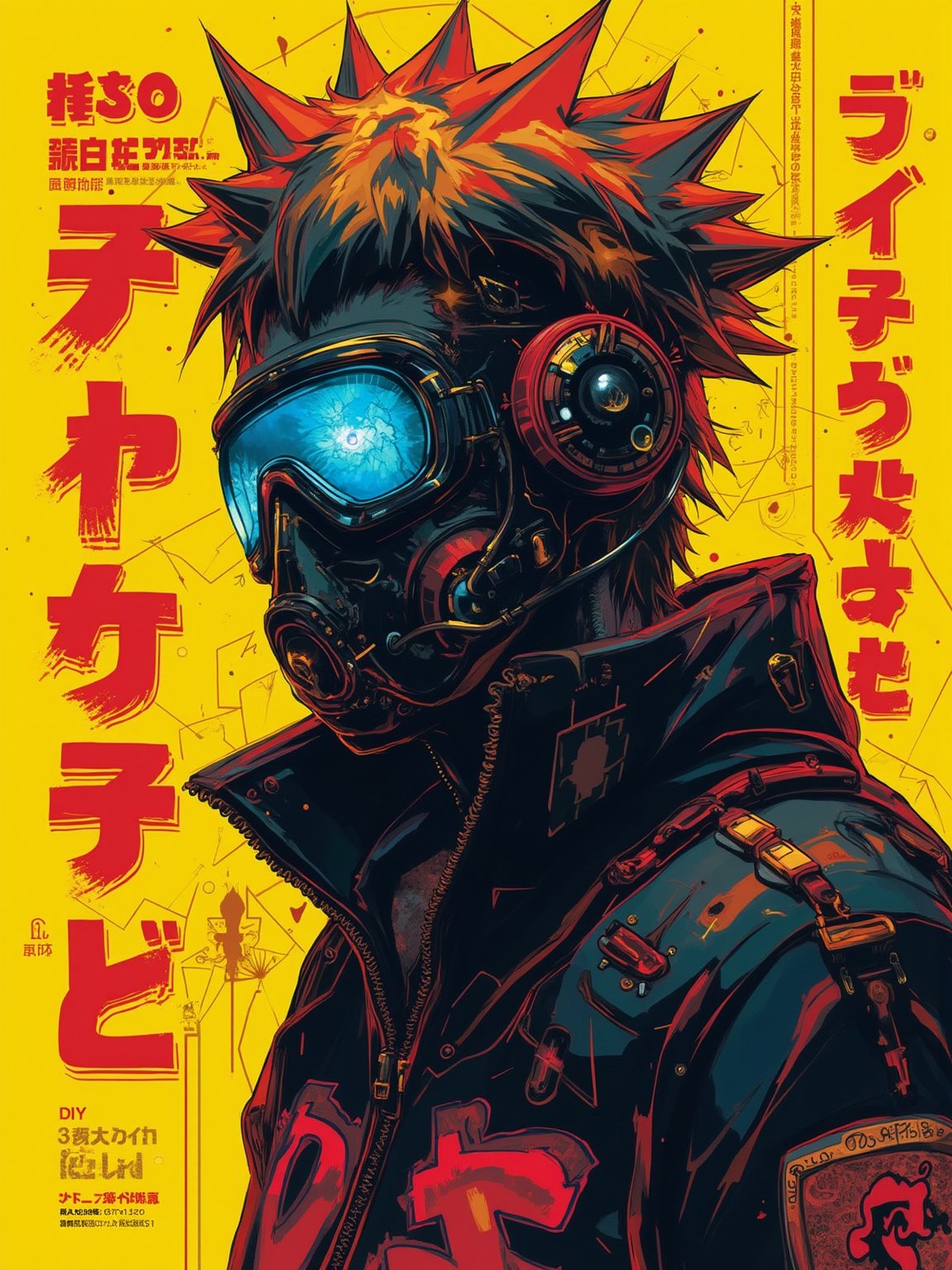 A magazine poster cover with a neo-cyberpunk theme, street-anime art style, featuring a character naruto  in a head length view, wearing a high-tech gas mask and cyber goggles, with a vivid yellow background. The background includes abstract geometric shapes and neon signs in Japanese, creating a futuristic urban vibe. Bold and dynamic lighting, with high contrast and neon glow. Created Using: digital art techniques, manga influences, cyberpunk aesthetics, high detail rendering, bold outlines, neon color palette, modern design software, urban street elements, HD quality,Midjourneyart