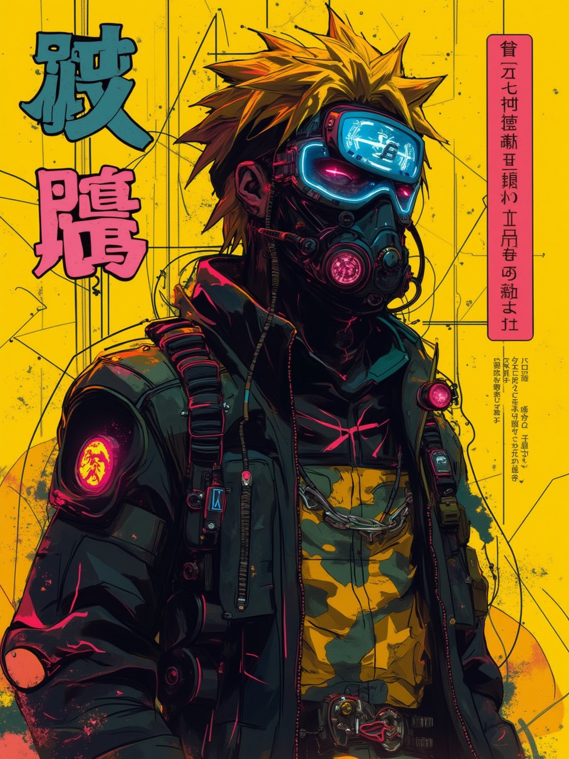 A magazine poster cover with a neo-cyberpunk theme, street-anime art style, featuring a character naruto  in a head length view, wearing a high-tech gas mask and cyber goggles, with a vivid yellow background. The background includes abstract geometric shapes and neon signs in Japanese, creating a futuristic urban vibe. Bold and dynamic lighting, with high contrast and neon glow. Created Using: digital art techniques, manga influences, cyberpunk aesthetics, high detail rendering, bold outlines, neon color palette, modern design software, urban street elements, HD quality,Midjourneyart