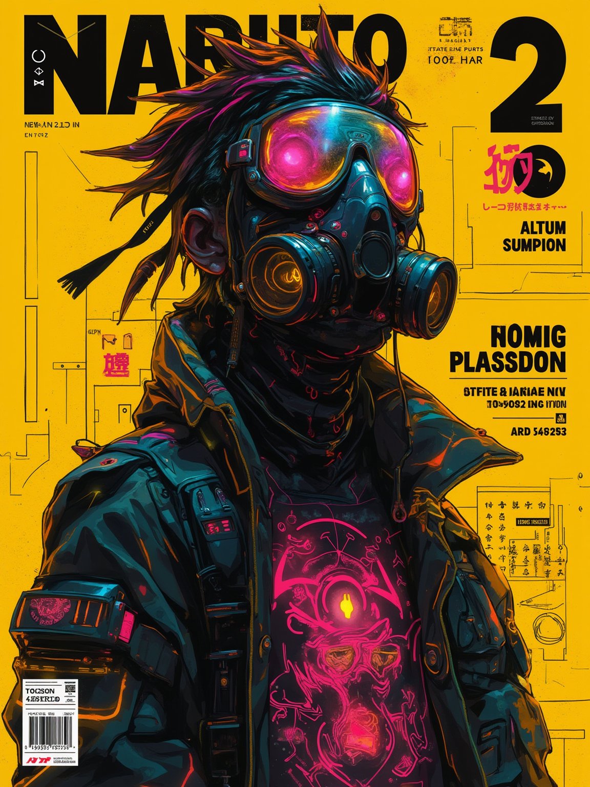 A magazine poster cover with a neo-cyberpunk theme, street-anime art style, featuring a character naruto  in a head length view, wearing a high-tech gas mask and cyber goggles, with a vivid yellow background. The background includes abstract geometric shapes and neon signs in Japanese, creating a futuristic urban vibe. Bold and dynamic lighting, with high contrast and neon glow. Created Using: digital art techniques, manga influences, cyberpunk aesthetics, high detail rendering, bold outlines, neon color palette, modern design software, urban street elements, HD quality,Midjourneyart