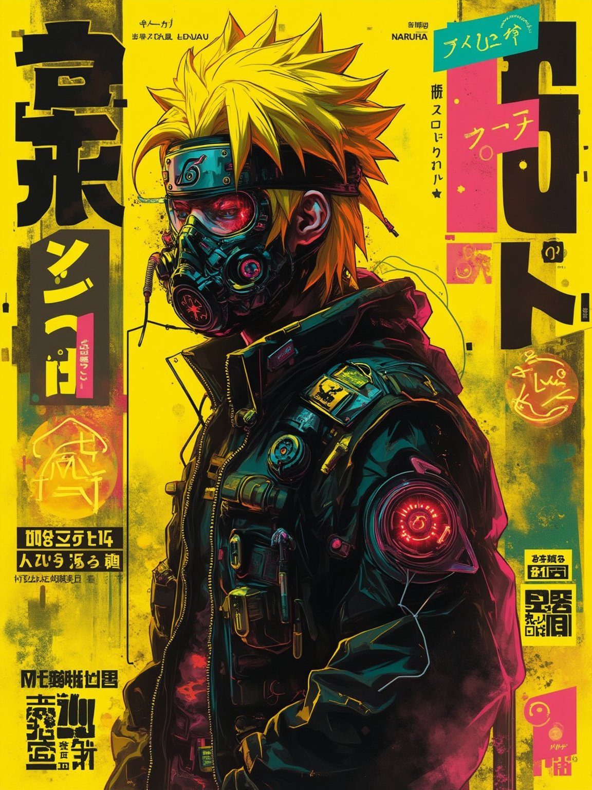 A magazine poster cover with a neo-cyberpunk theme, street-anime art style, featuring a character naruto  in a head length view, wearing a high-tech gas mask and cyber goggles, with a vivid yellow background. The background includes abstract geometric shapes and neon signs in Japanese, creating a futuristic urban vibe. Bold and dynamic lighting, with high contrast and neon glow. Created Using: digital art techniques, manga influences, cyberpunk aesthetics, high detail rendering, bold outlines, neon color palette, modern design software, urban street elements, HD quality,Midjourneyart