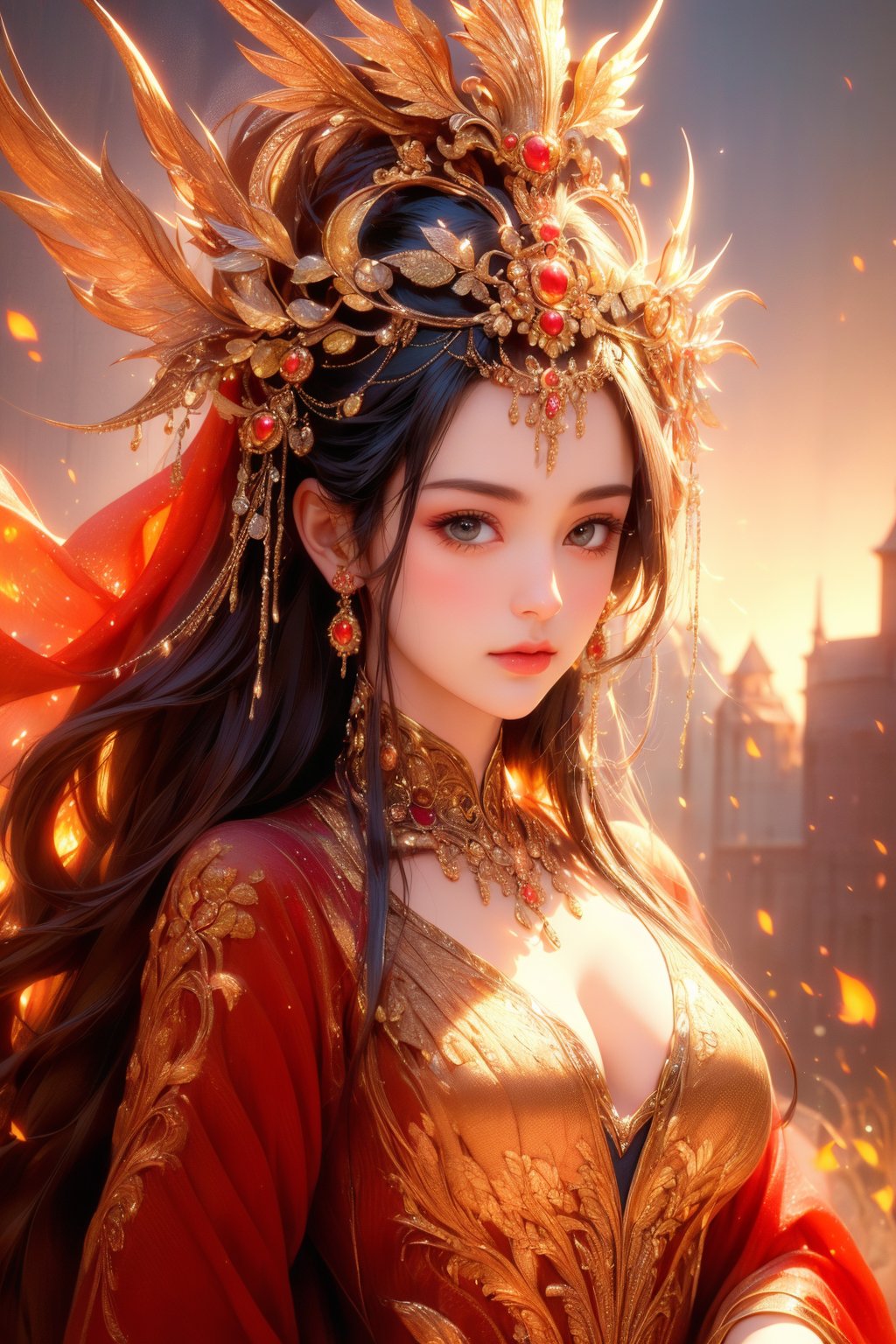 busty and sexy girl, 8k, masterpiece, ultra-realistic, best quality, high resolution, high definition, The image is a stylized representation of a woman, likely intended as an illustration rather than a photograph. The woman is depicted with an ethereal quality, her long hair flowing and her attire suggesting a historical or fantasy setting. The colors used in the image are rich and warm, with the golden tones of the frame complementing the sunset background. The artwork is framed, which suggests it could be a piece of fine art or a collectible item. The overall impression is one of elegance and a sense of a story waiting to be told.