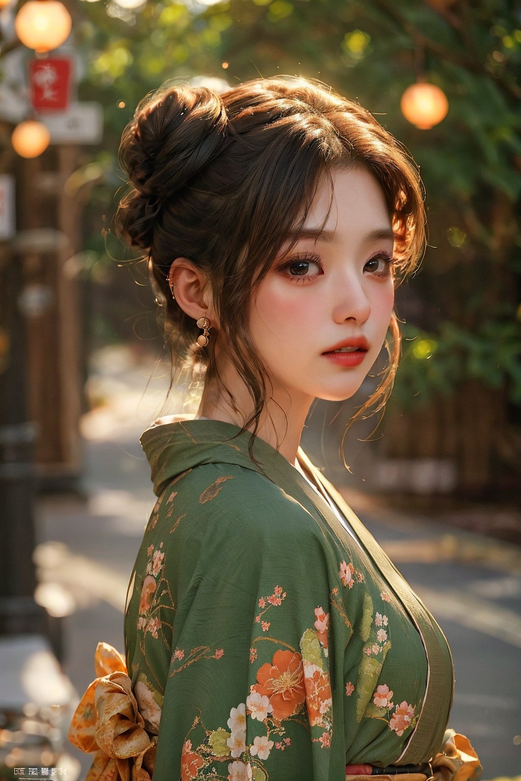 SPARKLE GLOWING, busty and sexy girl, 8k, masterpiece, ultra-realistic, best quality, high resolution, high definition,1girl, solo, looking at viewer, black hair, brown eyes, jewelry, upper body, earrings, parted lips, japanese clothes, teeth, kimono, hair bun, blurry, from side, lips, looking to the side, blurry background, floral print, single hair bun, print kimono, green kimono