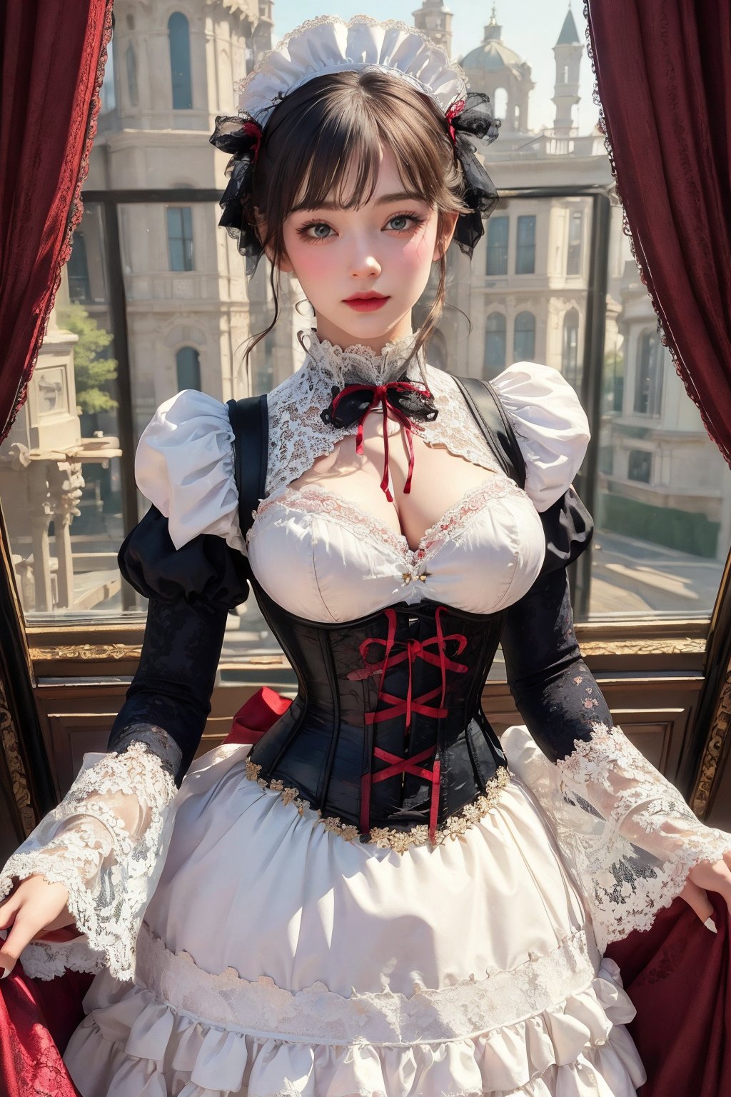 busty and sexy girl, 8k, masterpiece, ultra-realistic, best quality, high resolution, high definition, Lolita, maid, Victorian fashion, Rococo fashion, black corset with red ribbon lacing, White lace details on the sleeves, Puffed sleeves, headpiece adorned with flowers, ornate flower frame background, historical vibe, historical fashion with fantasy elements,lolita