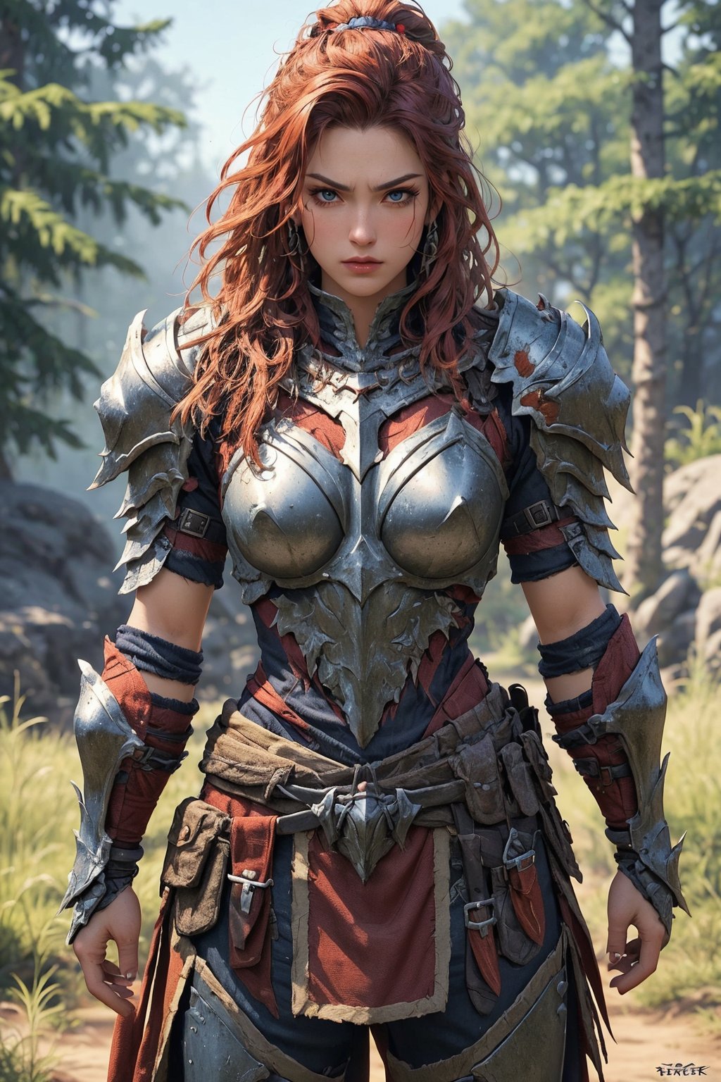 busty and sexy girl, 8k, masterpiece, ultra-realistic, best quality, high resolution, high definition, The image shows a character that appears to be designed for a video game or fantasy setting. The attire is indicative of a warrior or hunter archetype, with armor pieces that suggest mobility and combat readiness. The presence of the bow indicates a role that involves ranged combat. The character's stance and facial expression convey a sense of determination or readiness. The environment suggests a natural outdoor setting, which could imply that the character operates in such terrains. The color scheme and design elements are consistent with a high-fantasy aesthetic, often seen in role-playing games or fantasy novels.