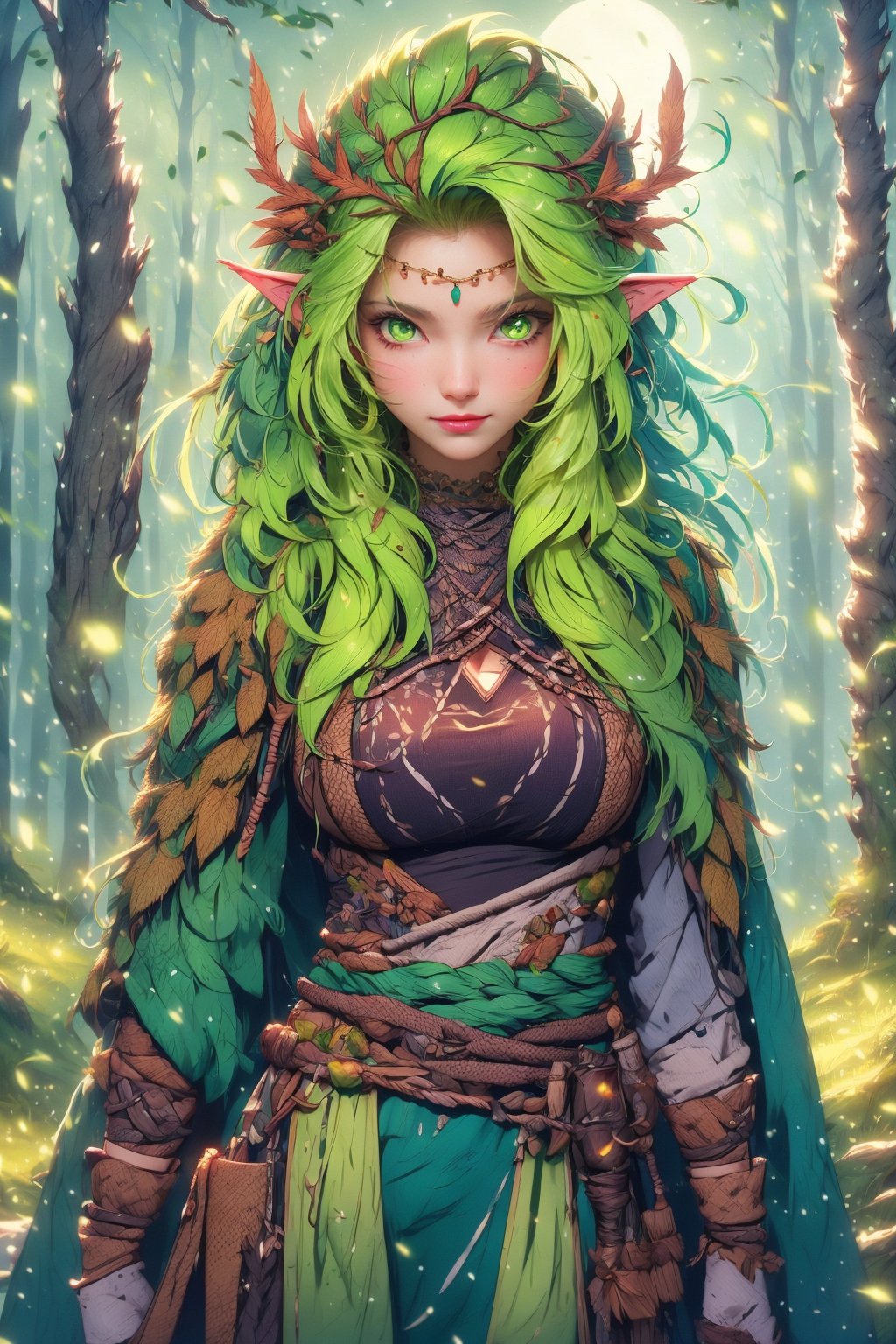 busty and sexy girl, 8k, masterpiece, ultra-realistic, best quality, high resolution, high definition, the character should be a mischievous forest spirit, ((glowing green eyes)), leaves woven into their hair. The background should be a moonlit forest clearing, with fireflies dancing in the air. The overall mood should be mysterious and enchanting, inviting viewers to explore the hidden magic of the woods