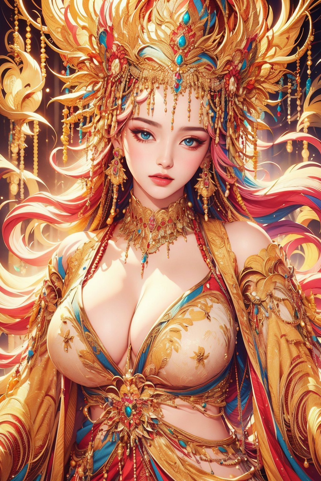 busty and sexy girl, 8k, masterpiece, ultra-realistic, best quality, high resolution, high definition,  The image portrays a person with striking white hair adorned by a golden headpiece and intricate jewelry. The overall aesthetic suggests a blend of regal elegance and fantasy