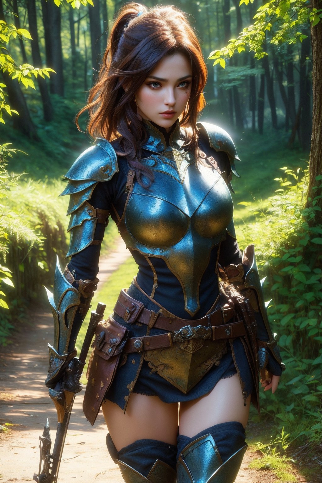 busty and sexy girl, 8k, masterpiece, ultra-realistic, best quality, high resolution, high definition, The image shows a character that appears to be designed for a video game or fantasy setting. The attire is indicative of a warrior or hunter archetype, with armor pieces that suggest mobility and combat readiness. The presence of the bow indicates a role that involves ranged combat. The character's stance and facial expression convey a sense of determination or readiness. The environment suggests a natural outdoor setting, which could imply that the character operates in such terrains. The color scheme and design elements are consistent with a high-fantasy aesthetic, often seen in role-playing games or fantasy novels.