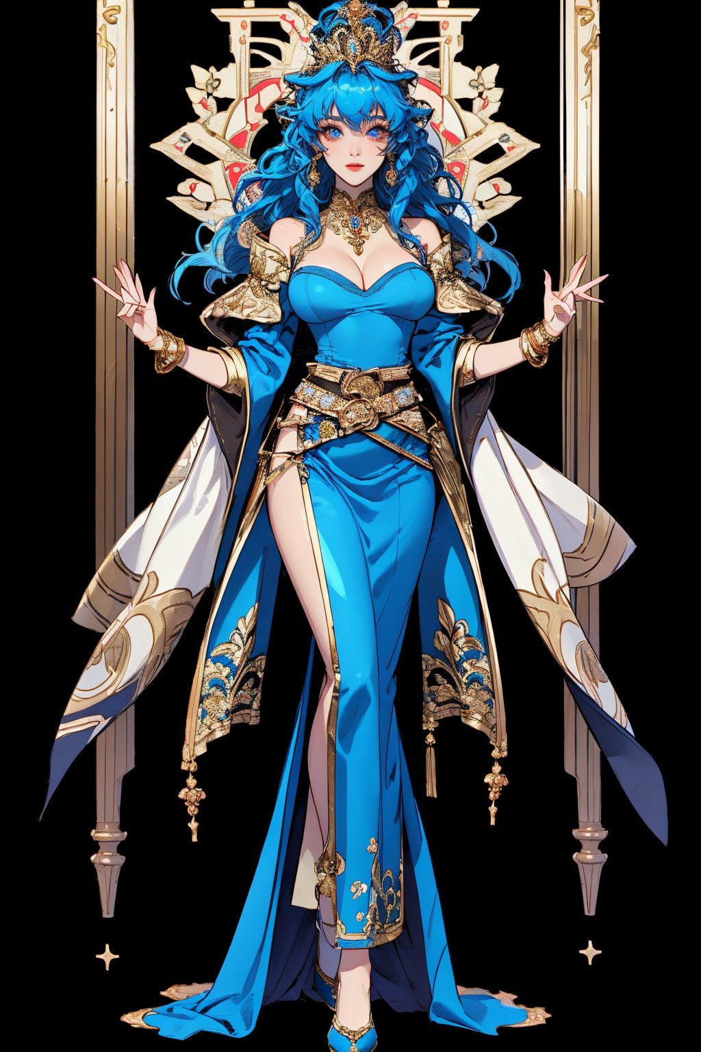 (mucha style), (SPARKLE GLOWING), busty and sexy girl, 8k, masterpiece, ultra-realistic, best quality, high resolution, high definition,An animated image of a woman with long blue hair and a crown on her head. She is wearing a blue dress with gold accents and a gold belt around her waist. The woman's dress is adorned with golden embroidery and gold accents. Her arms are draped over her shoulders and she is wearing golden bracelets on her wrists. Her eyes are blue and her hair is a vibrant shade of blue. The background is a deep black, with a golden archway in the middle of it,(stand),(full body)