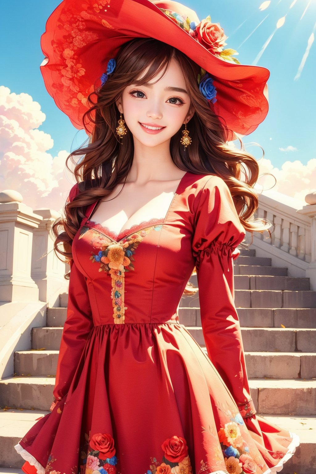 busty and sexy girl, 8k, masterpiece, ultra-realistic, best quality, high resolution, high definition, 1girl, solo, long hair, breasts, looking at viewer, smile, bangs, brown hair, hair ornament, long sleeves, hat, dress, ribbon, brown eyes, flower, outdoors, frills, parted lips, sky, day, puffy sleeves, cloud, hair flower, grin, blue sky, neck ribbon, rose, red dress, frilled dress, red flower, red headwear, blue flower, stairs, hat flower