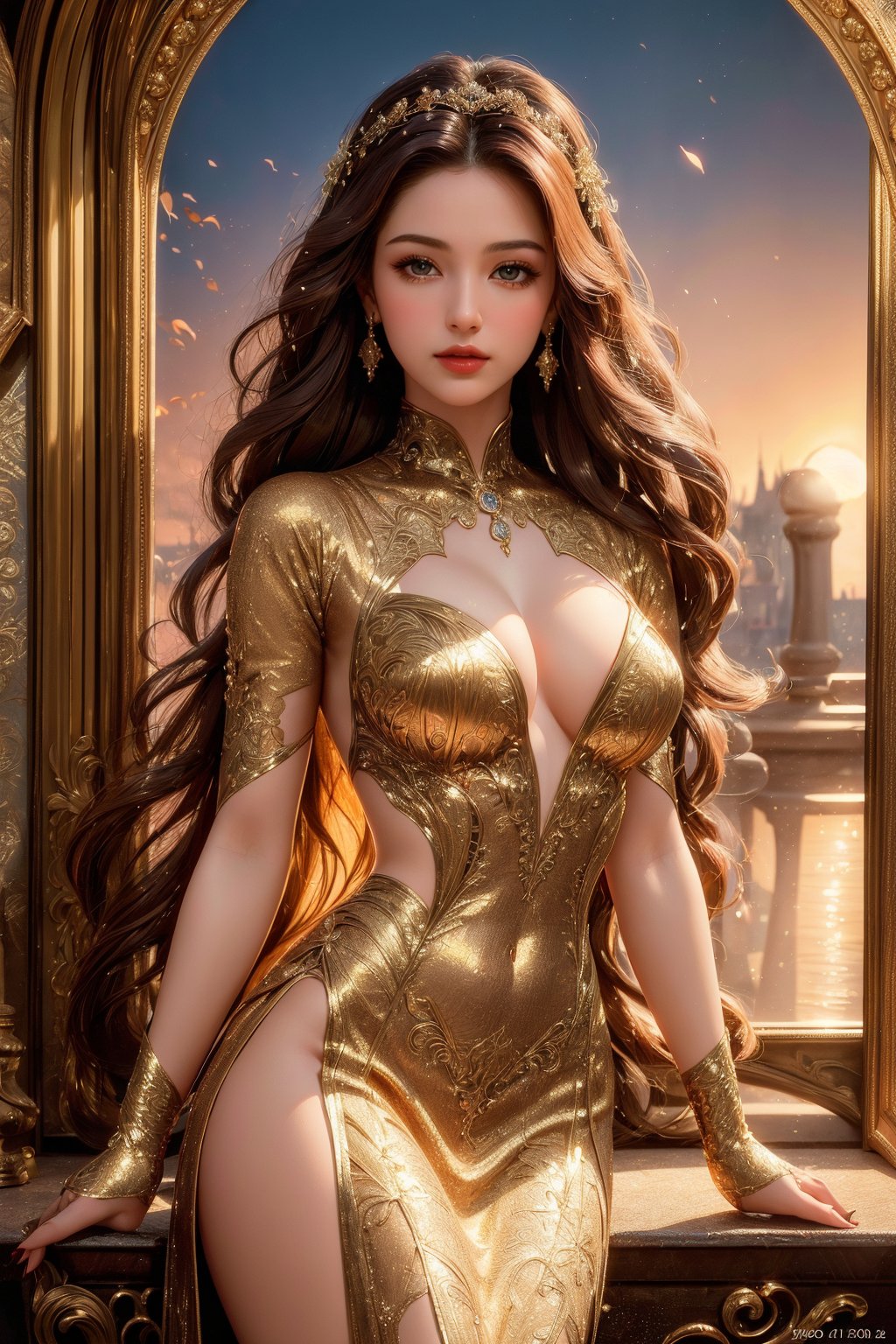 busty and sexy girl, 8k, masterpiece, ultra-realistic, best quality, high resolution, high definition, The image is a stylized representation of a woman, likely intended as an illustration rather than a photograph. The woman is depicted with an ethereal quality, her long hair flowing and her attire suggesting a historical or fantasy setting. The colors used in the image are rich and warm, with the golden tones of the frame complementing the sunset background. The artwork is framed, which suggests it could be a piece of fine art or a collectible item. The overall impression is one of elegance and a sense of a story waiting to be told.