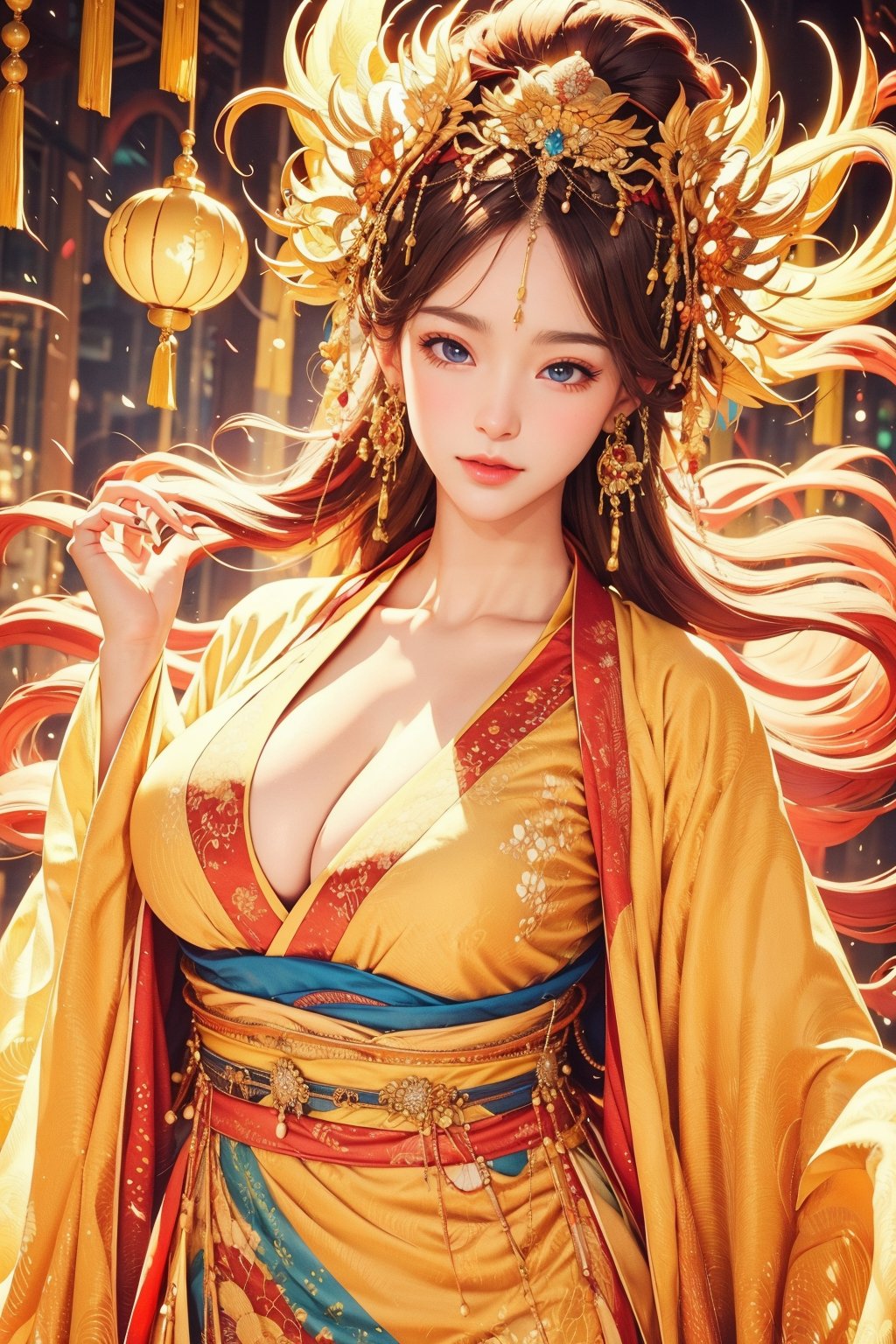 busty and sexy girl, 8k, masterpiece, ultra-realistic, best quality, high resolution, high definition, 1girl, solo, long hair, breasts, looking at viewer, large breasts, hair ornament, long sleeves, cleavage, jewelry, closed mouth, collarbone, upper body, cowboy shot, earrings, pointy ears, lips, sash, chinese clothes, hanfu