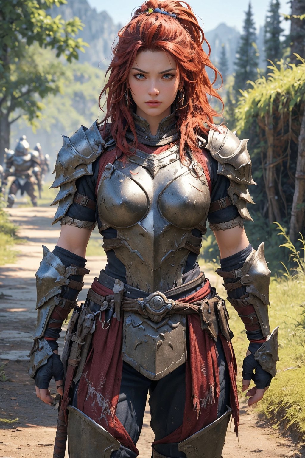 busty and sexy girl, 8k, masterpiece, ultra-realistic, best quality, high resolution, high definition, The image shows a character that appears to be designed for a video game or fantasy setting. The attire is indicative of a warrior or hunter archetype, with armor pieces that suggest mobility and combat readiness. The presence of the bow indicates a role that involves ranged combat. The character's stance and facial expression convey a sense of determination or readiness. The environment suggests a natural outdoor setting, which could imply that the character operates in such terrains. The color scheme and design elements are consistent with a high-fantasy aesthetic, often seen in role-playing games or fantasy novels.