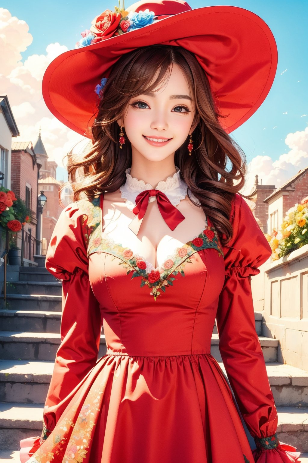 busty and sexy girl, 8k, masterpiece, ultra-realistic, best quality, high resolution, high definition, 1girl, solo, long hair, breasts, looking at viewer, smile, bangs, brown hair, hair ornament, long sleeves, hat, dress, ribbon, brown eyes, flower, outdoors, frills, parted lips, sky, day, puffy sleeves, cloud, hair flower, grin, blue sky, neck ribbon, rose, red dress, frilled dress, red flower, red headwear, blue flower, stairs, hat flower