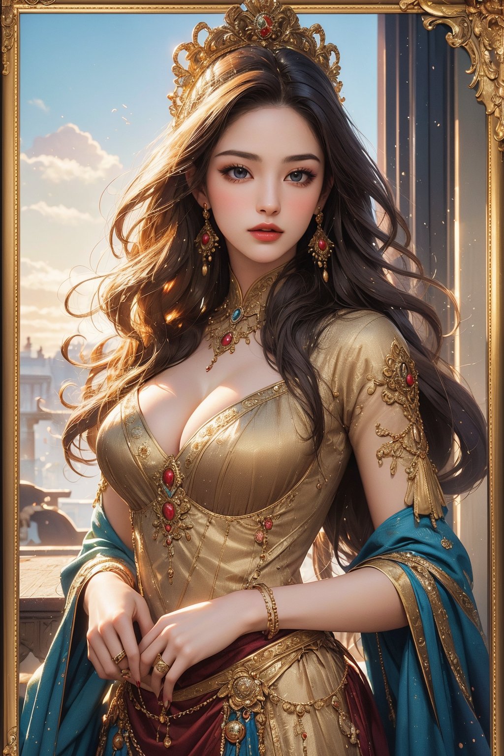 busty and sexy girl, 8k, masterpiece, ultra-realistic, best quality, high resolution, high definition, The image is a stylized representation of a woman, likely intended as an illustration rather than a photograph. The woman is depicted with an ethereal quality, her long hair flowing and her attire suggesting a historical or fantasy setting. The colors used in the image are rich and warm, with the golden tones of the frame complementing the sunset background. The artwork is framed, which suggests it could be a piece of fine art or a collectible item. The overall impression is one of elegance and a sense of a story waiting to be told.