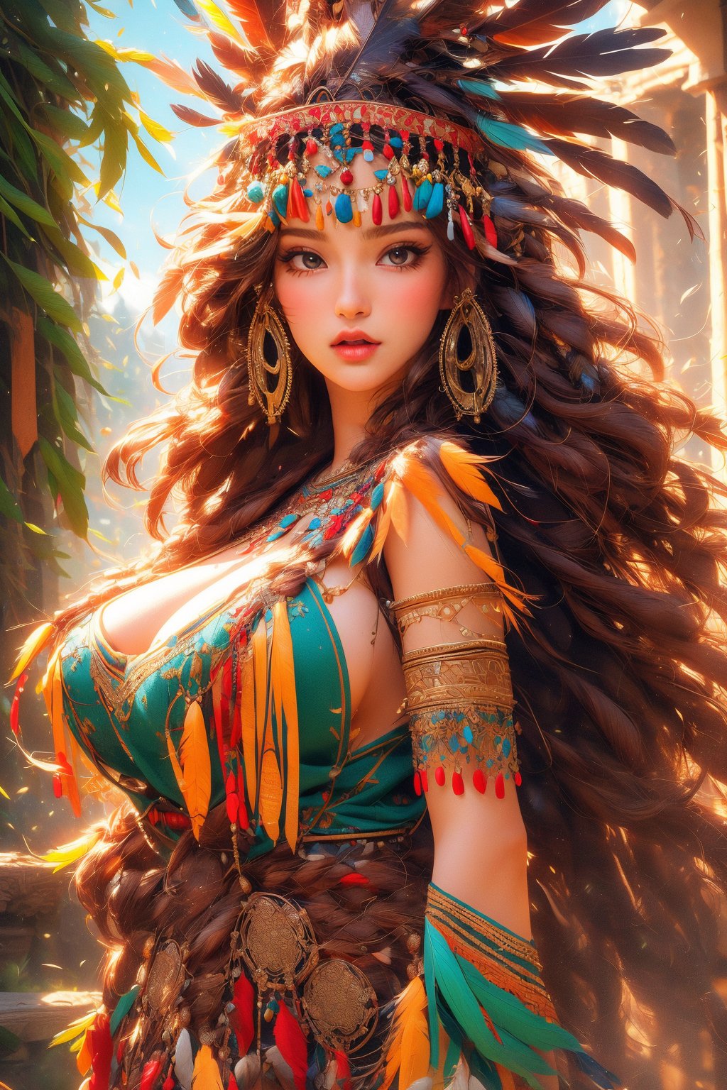 busty and sexy girl, 8k, masterpiece, ultra-realistic, best quality, high resolution, high definition, Tribal girl, feather headdress,
((intricate dancer outfit)), (ultra massive big hair volume, super long wild outrageous hair growth, Jewelled headdress), decorative flowers,  overgrown ruins