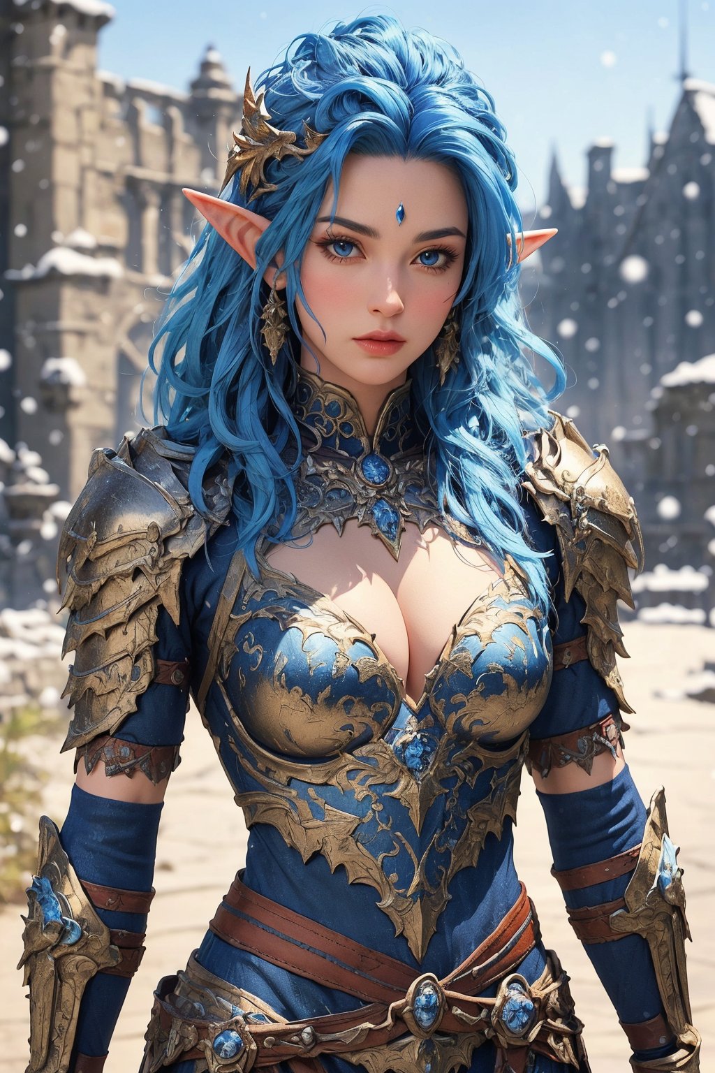 busty and sexy girl, 8k, masterpiece, ultra-realistic, best quality, high resolution, high definition, In the image, there is a character with an elfin appearance, characterized by pointed ears and a striking blue hair color. The character's attire suggests a fantasy setting, with armor that is ornate and appears to be made of metal, adorned with blue gemstones. The background is blurred, but hints at a cold, possibly snowy environment, with architectural elements that suggest a location of historical or magical significance.