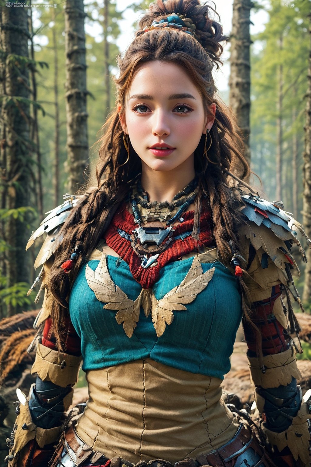 busty and sexy girl, 8k, masterpiece, ultra-realistic, best quality, high resolution, high definition, viking girl, primative clothing with mecha armor, forest